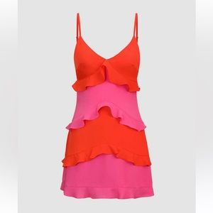 Micas Color Block Ruffle V-Neck Mini Two Tone Pink Dress